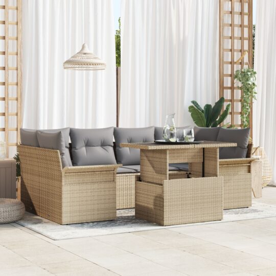 Set de canapele pentru grădină cu pernă 7 pcs Bej Rattan poli
