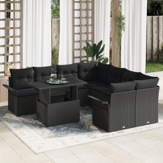 Set de canapele pentru grădină cu pernă 9 pcs Negru Rattan poli