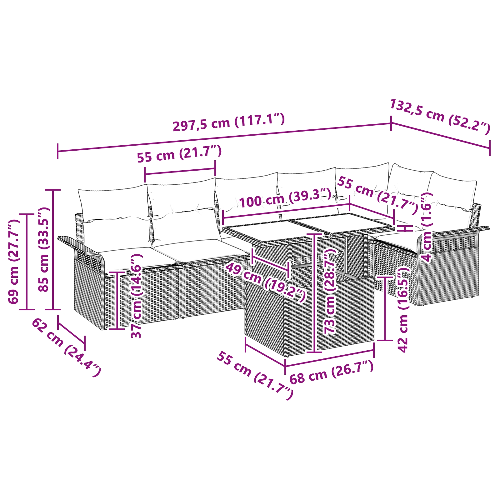 3348293 13 Set de canapele pentru grădină cu pernă 7 pcs Negru Rattan poli Set de canapele pentru grădină cu pernă 7 pcs Negru Rattan poli - imagine 13
