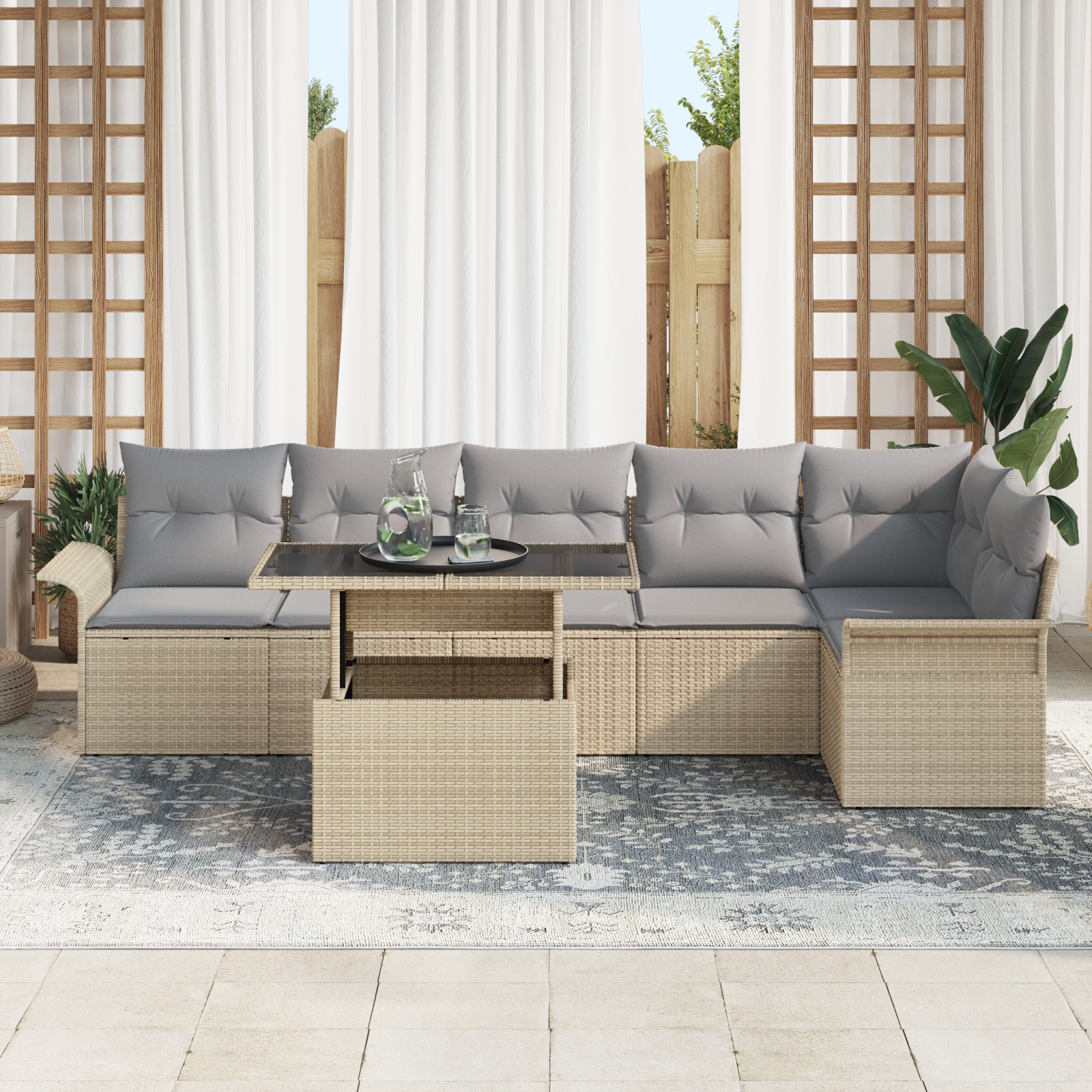 3348296 3 Set de canapele pentru grădină cu pernă 7 pcs Bej Rattan poli Set de canapele pentru grădină cu pernă 7 pcs Bej Rattan poli - imagine 3