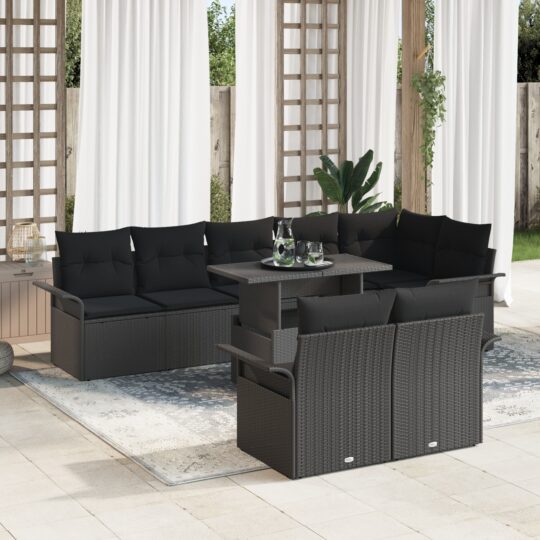 Set de canapele pentru grădină cu pernă 9 pcs Negru Rattan poli