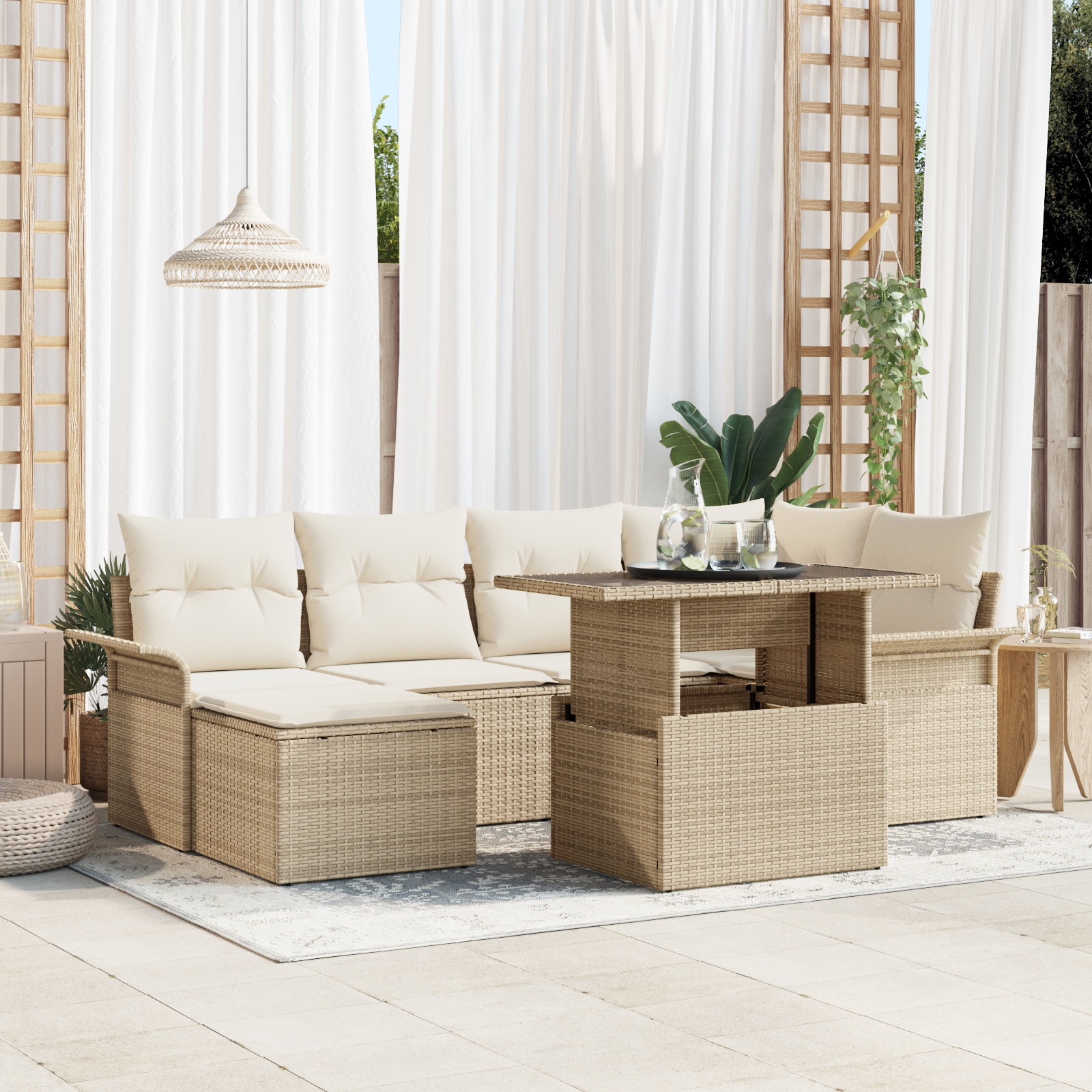 3348317 1 Set de canapele pentru grădină cu pernă 7 pcs Bej Rattan poli Set de canapele pentru grădină cu pernă 7 pcs Bej Rattan poli