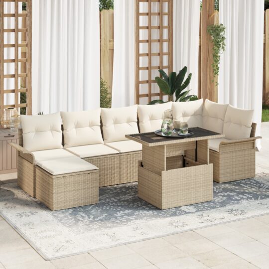 Set de canapele pentru grădină cu pernă 8 pcs Bej Rattan poli