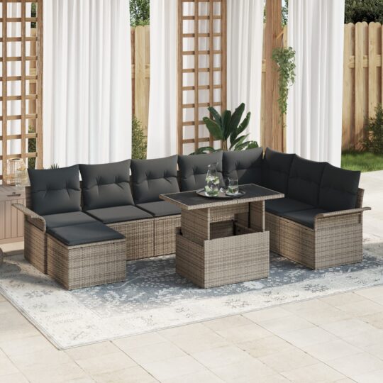 Set de canapele pentru grădină cu pernă 9 pcs Gri Rattan poli