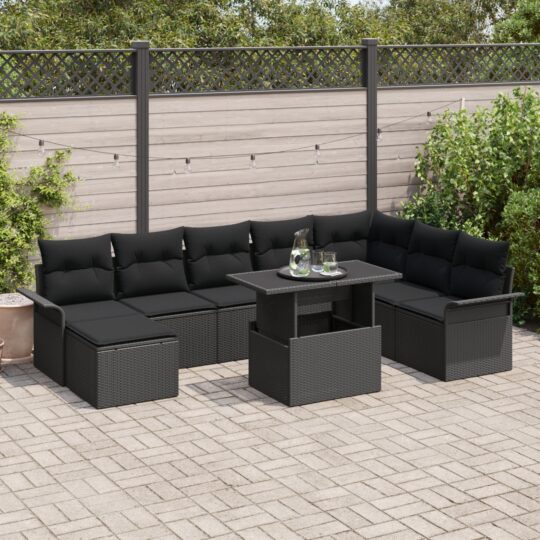 Set de canapele pentru grădină cu pernă 9 pcs Negru Rattan poli