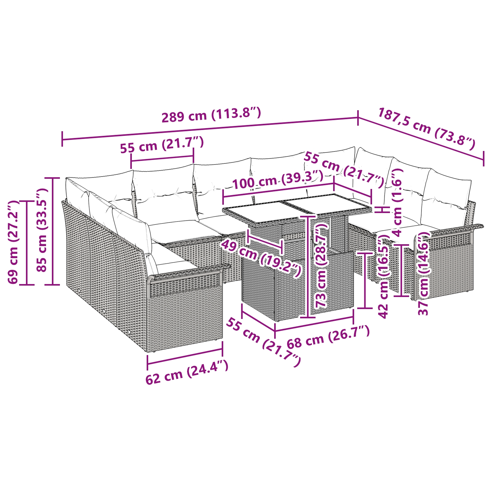 3348345 11 Set de canapele pentru grădină cu pernă 10 pcs Gri Rattan poli Set de canapele pentru grădină cu pernă 10 pcs Gri Rattan poli - imagine 11