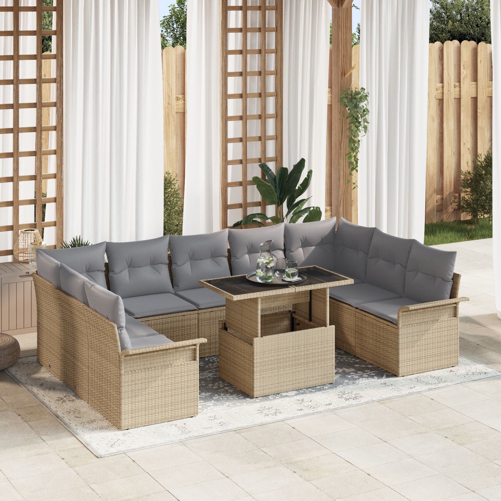 3348346 1 Set de canapele pentru grădină cu pernă 10 pcs Bej Rattan poli Set de canapele pentru grădină cu pernă 10 pcs Bej Rattan poli