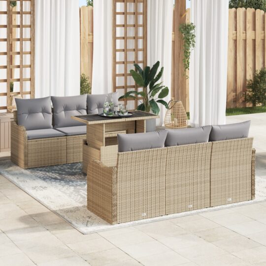 Set de canapele pentru grădină cu pernă 7 pcs Bej Rattan poli