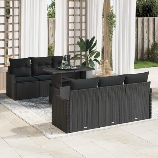 Set de canapele pentru grădină cu pernă 7 pcs Negru Rattan poli