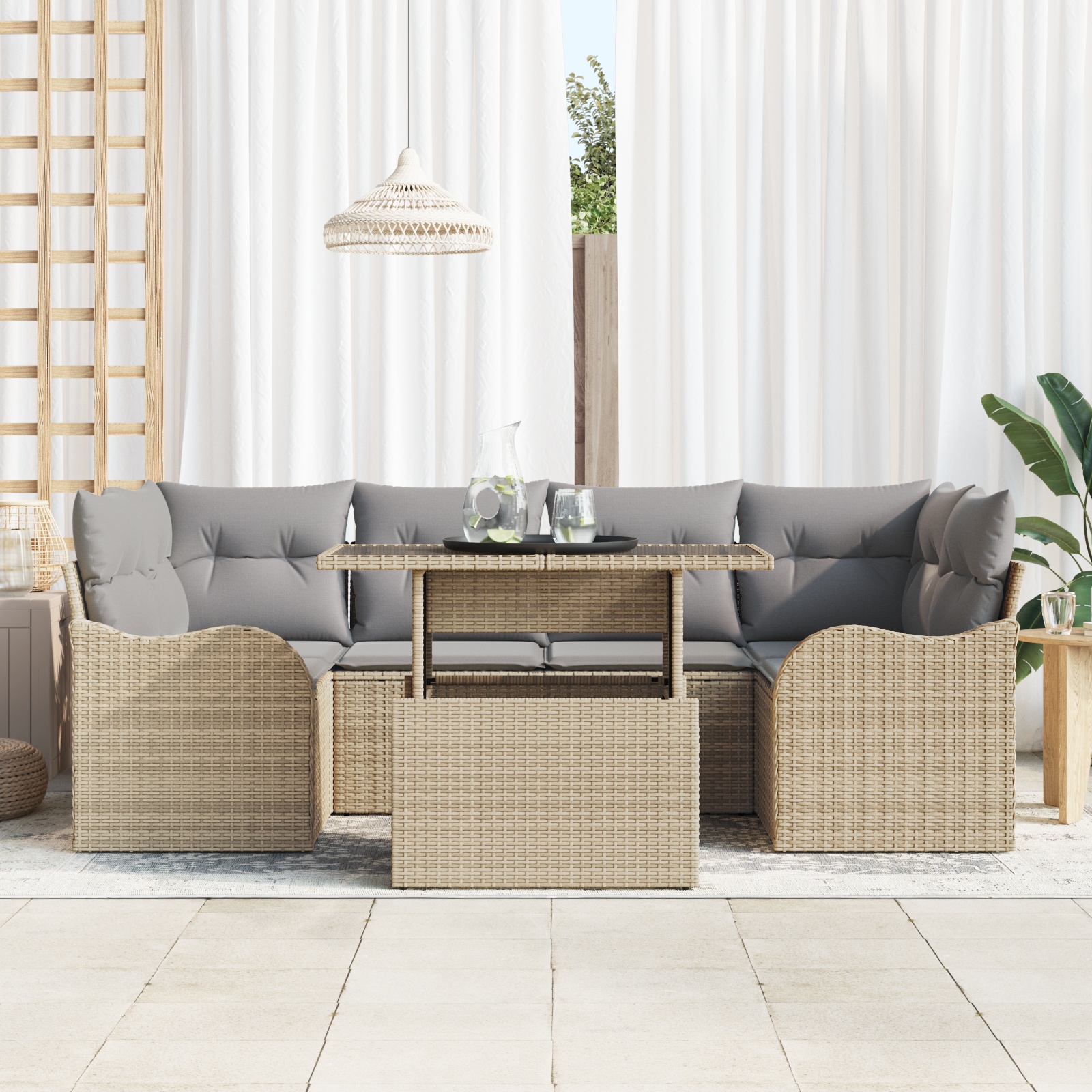 3348396 3 Set de canapele pentru grădină cu pernă 7 pcs Bej Rattan poli Set de canapele pentru grădină cu pernă 7 pcs Bej Rattan poli - imagine 3