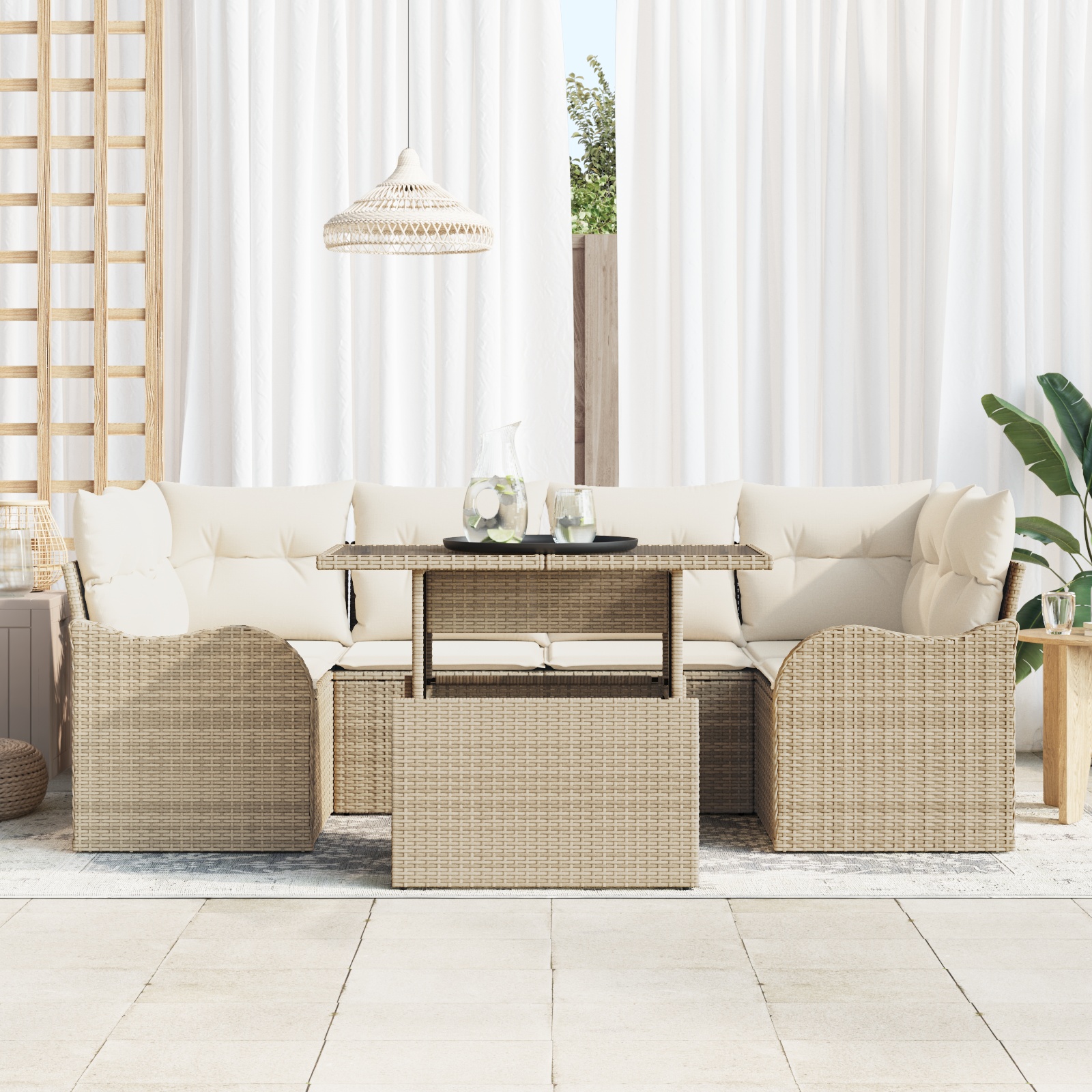 3348397 3 Set de canapele pentru grădină cu pernă 7 pcs Bej Rattan poli Set de canapele pentru grădină cu pernă 7 pcs Bej Rattan poli - imagine 3