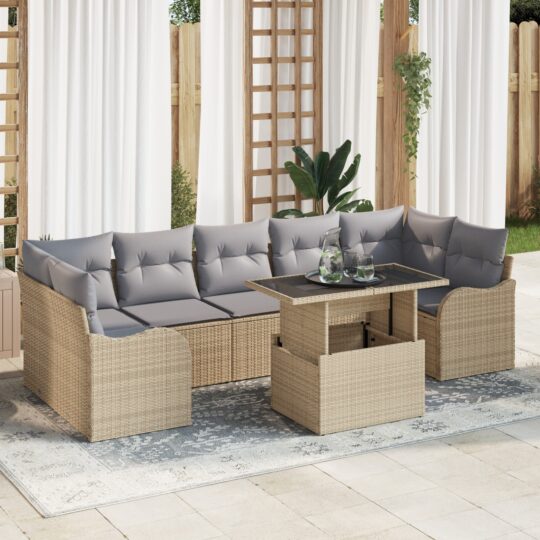 Set de canapele pentru grădină cu pernă 8 pcs Bej Rattan poli