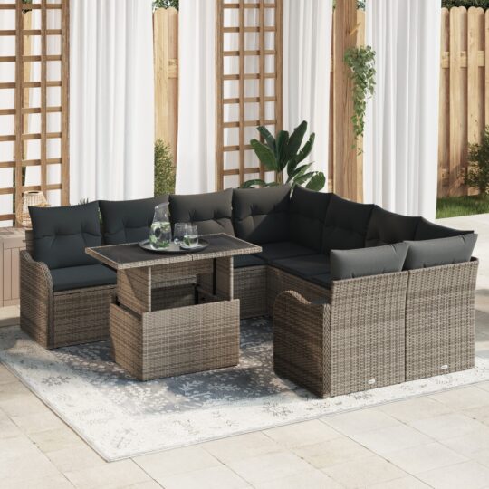 Set de canapele pentru grădină cu pernă 9 pcs Gri Rattan poli