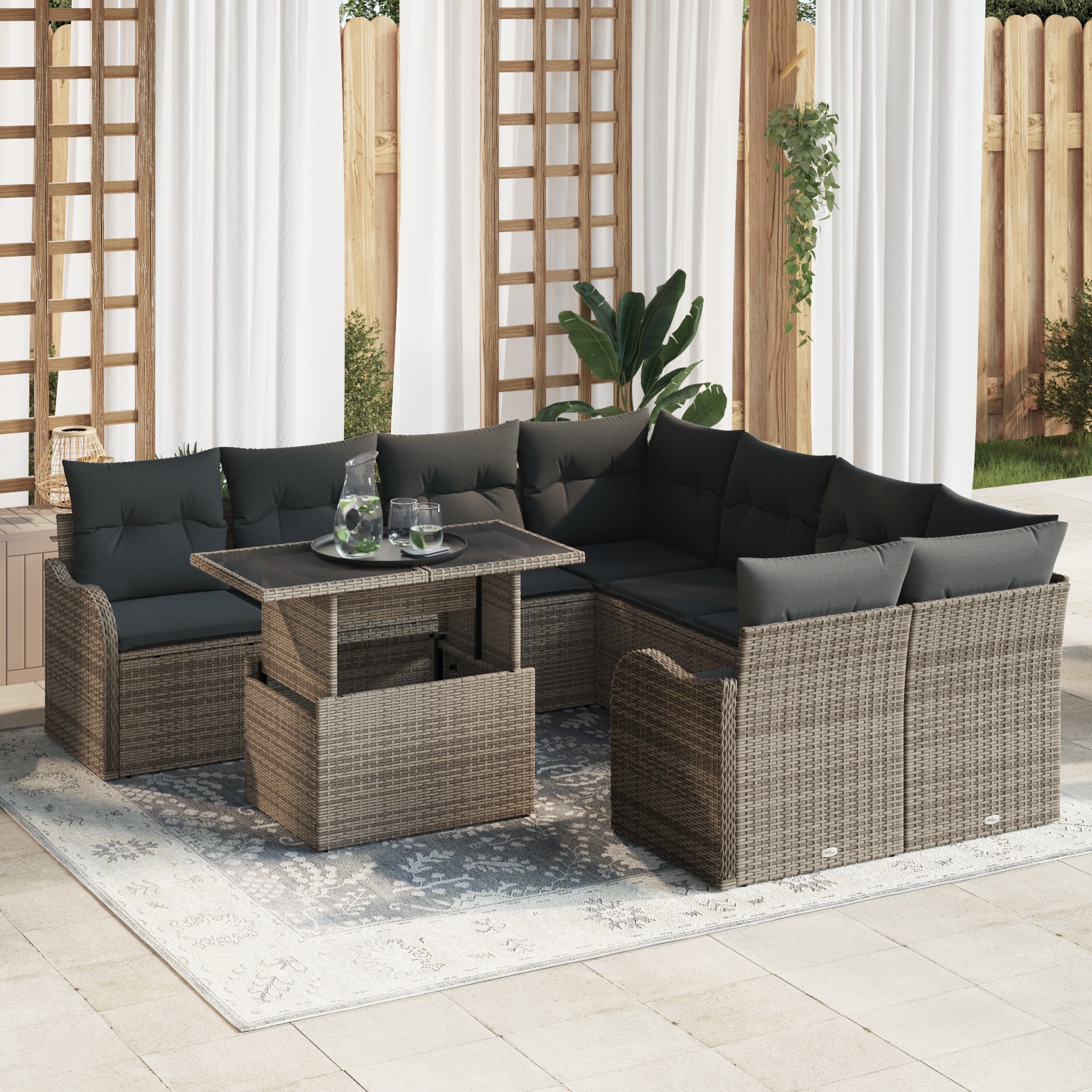 3348435 1 Set de canapele pentru grădină cu pernă 9 pcs Gri Rattan poli Set de canapele pentru grădină cu pernă 9 pcs Gri Rattan poli