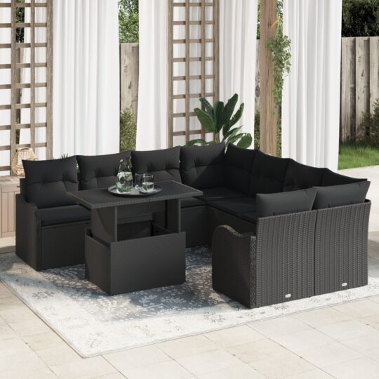 Set de canapele pentru grădină cu pernă 9 pcs Negru Rattan poli