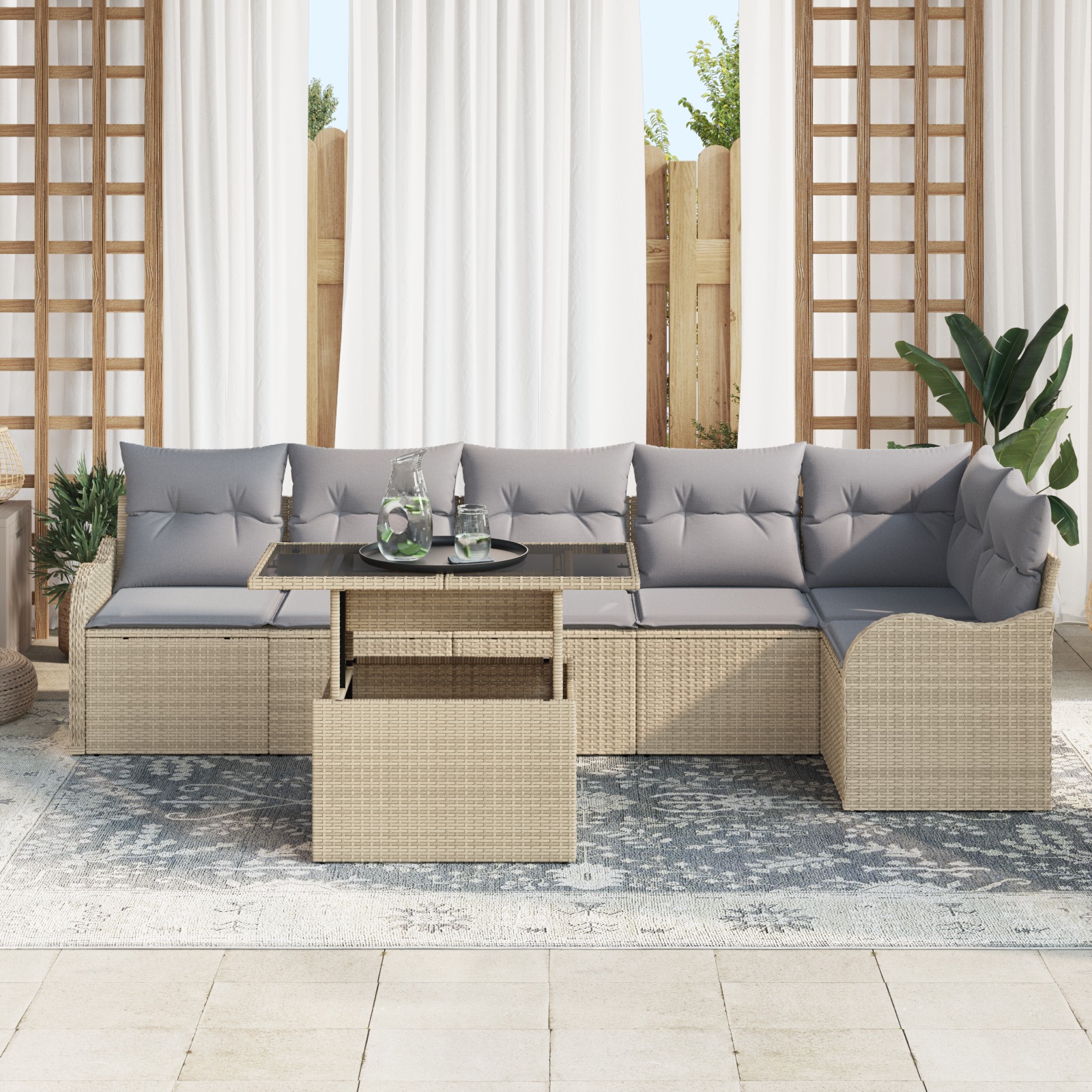 3348476 3 Set de canapele pentru grădină cu pernă 7 pcs Bej Rattan poli Set de canapele pentru grădină cu pernă 7 pcs Bej Rattan poli - imagine 3