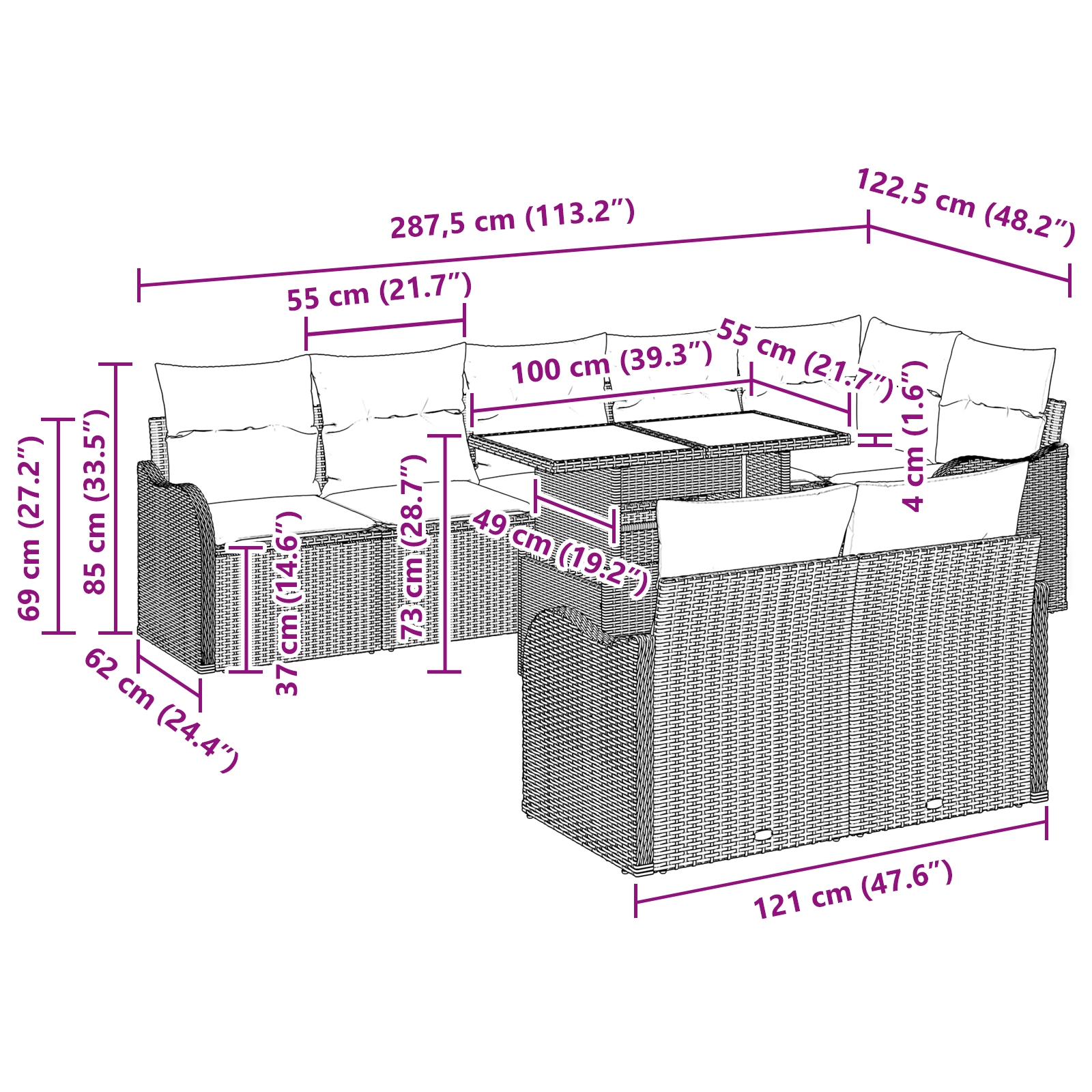 3348485 11 Set de canapele pentru grădină cu pernă 9 pcs Gri Rattan poli Set de canapele pentru grădină cu pernă 9 pcs Gri Rattan poli - imagine 11