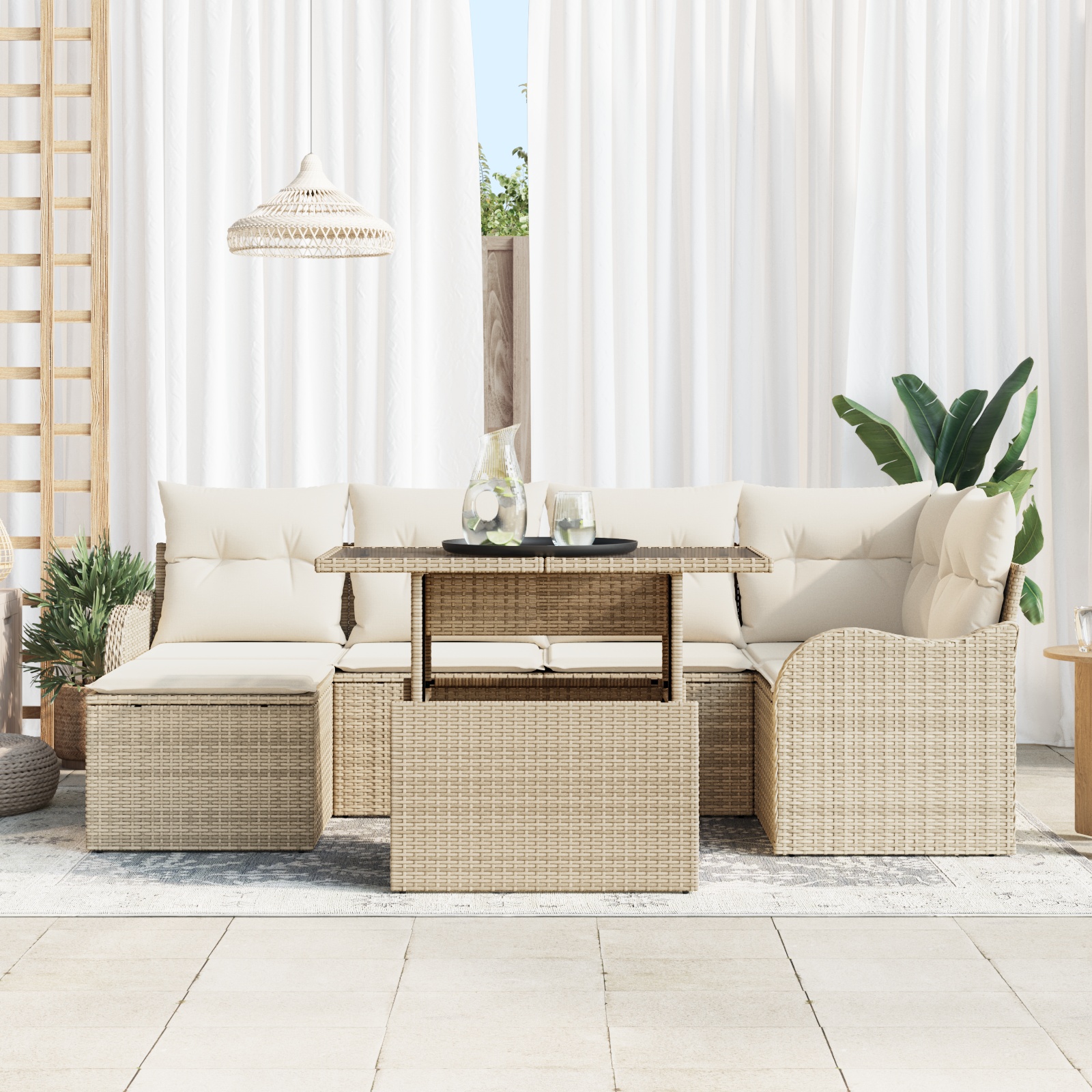 3348497 3 Set de canapele pentru grădină cu pernă 7 pcs Bej Rattan poli Set de canapele pentru grădină cu pernă 7 pcs Bej Rattan poli - imagine 3