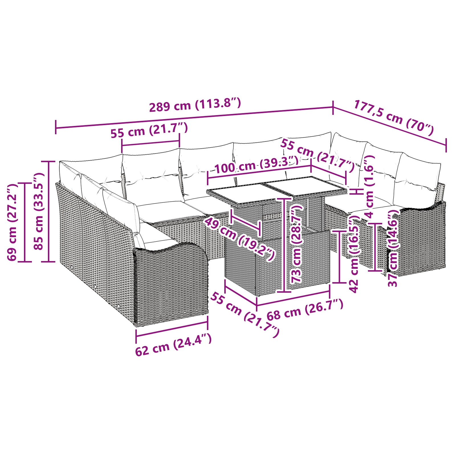3348528 11 Set de canapele pentru grădină 10 pcs Gri deschis Rattan poli Set de canapele pentru grădină 10 pcs Gri deschis Rattan poli - imagine 11
