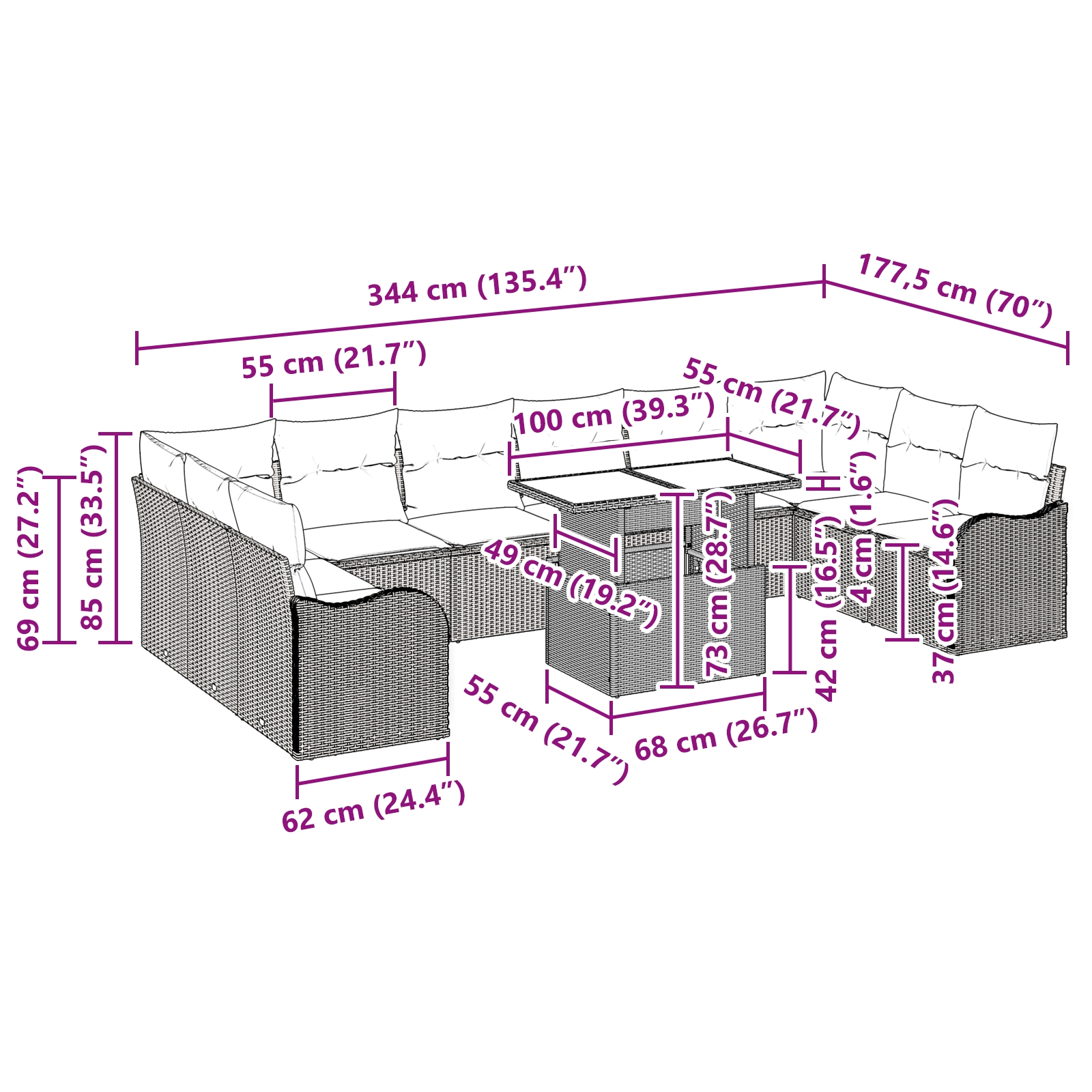 3348534 11 Set de canapele pentru grădină cu pernă 11 pcs Maro Rattan poli Set de canapele pentru grădină cu pernă 11 pcs Maro Rattan poli - imagine 11