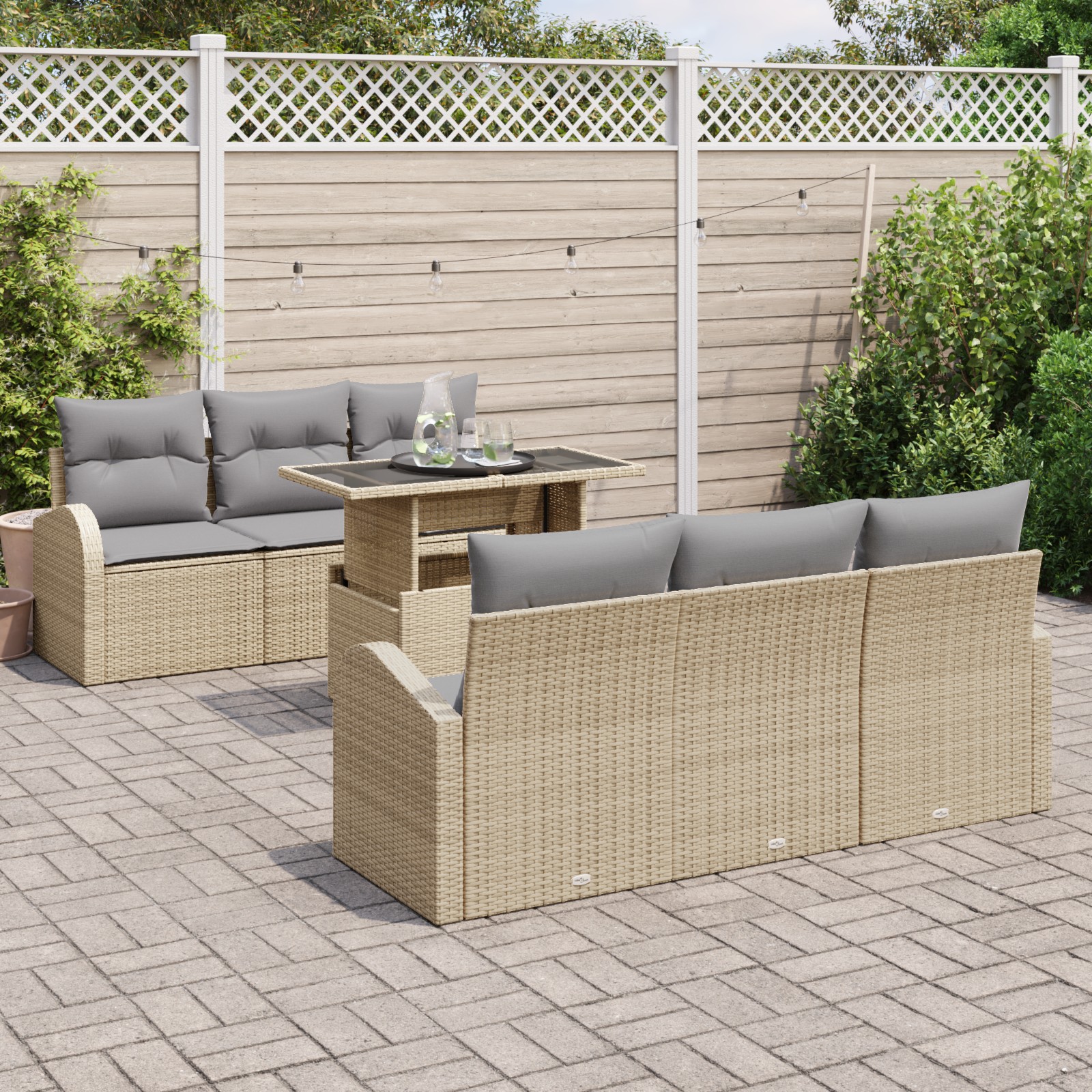 3348566 3 Set de canapele pentru grădină cu pernă 7 pcs Bej Rattan poli Set de canapele pentru grădină cu pernă 7 pcs Bej Rattan poli - imagine 3