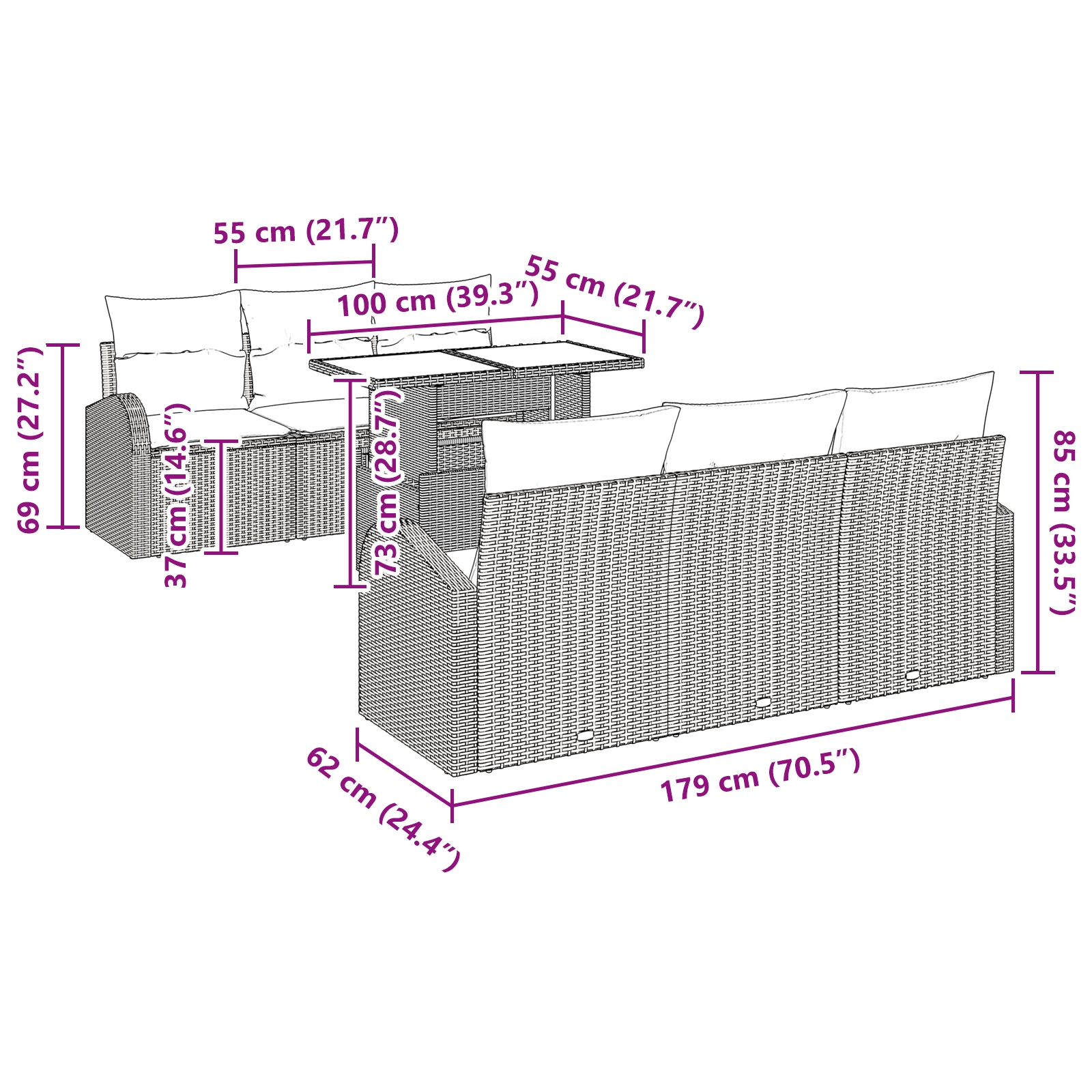 3348569 10 Set de canapele pentru grădină cu pernă 7 pcs Negru Rattan poli Set de canapele pentru grădină cu pernă 7 pcs Negru Rattan poli - imagine 10