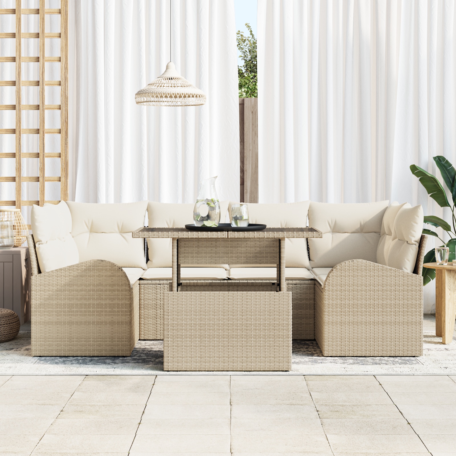 3348577 3 Set de canapele pentru grădină cu pernă 7 pcs Bej Rattan poli Set de canapele pentru grădină cu pernă 7 pcs Bej Rattan poli - imagine 3