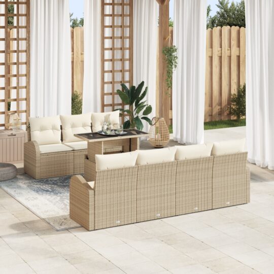 Set de canapele pentru grădină cu pernă 8 pcs Bej Rattan poli