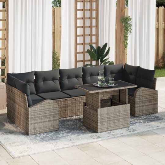 Set de canapele pentru grădină cu pernă 8 pcs Gri Rattan poli