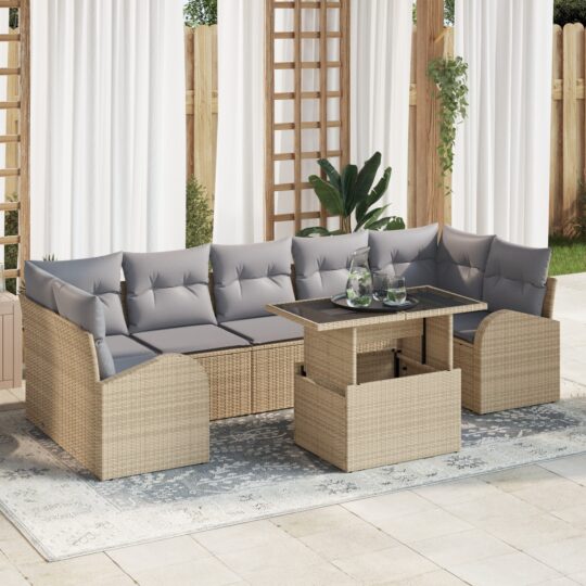 Set de canapele pentru grădină cu pernă 8 pcs Bej Rattan poli