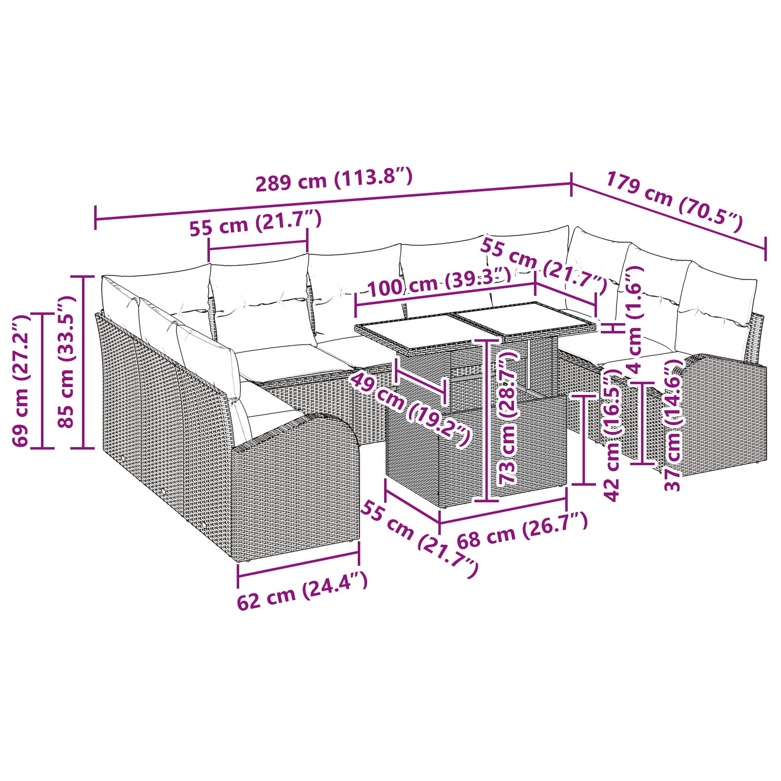 3348704 11 Set de canapele pentru grădină cu pernă 10 pcs maro și crem Set de canapele pentru grădină cu pernă 10 pcs maro și crem - imagine 11
