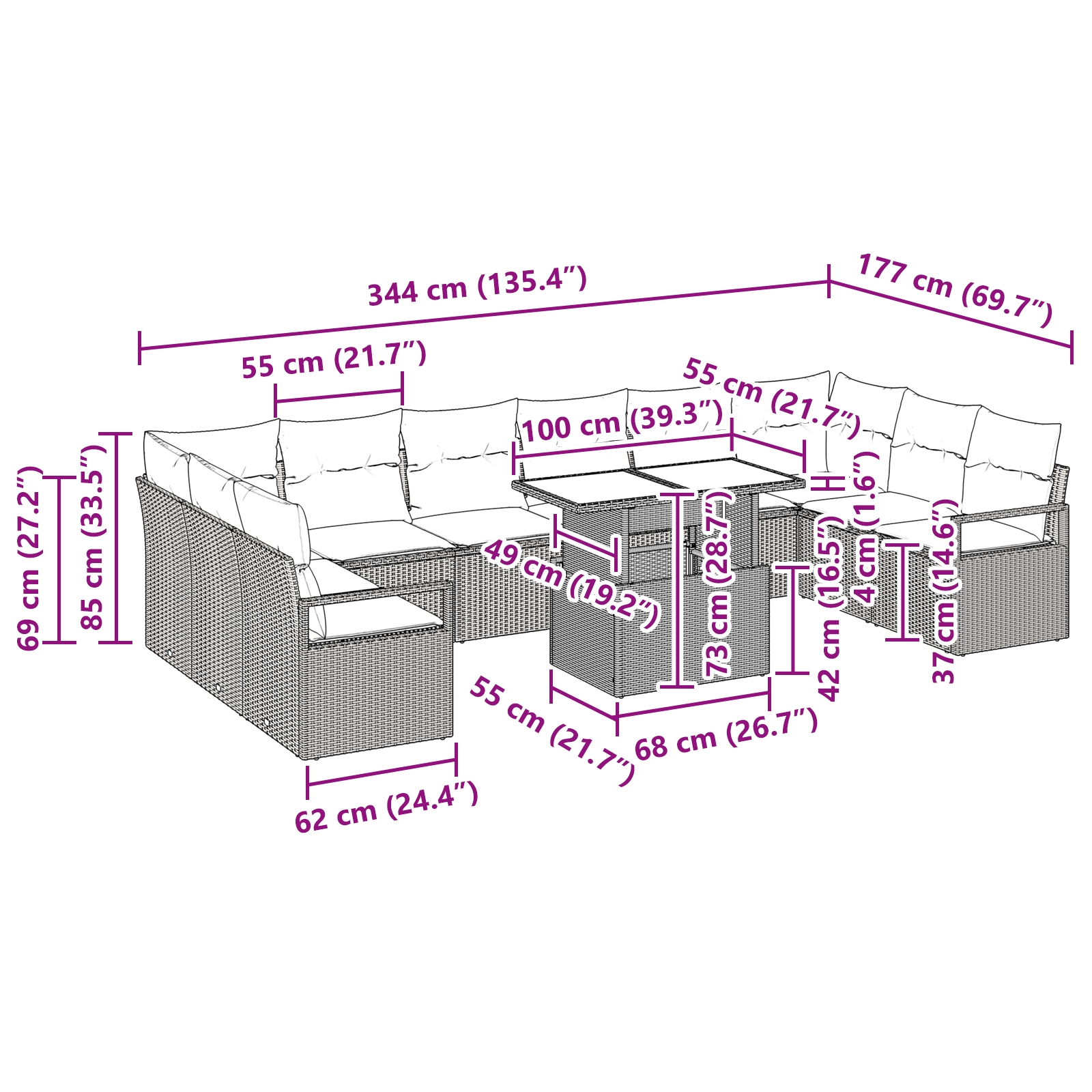 3348899 11 Set de canapele pentru grădină 11 pcs Negru 100 x 55 x 73 cm Set de canapele pentru grădină 11 pcs Negru 100 x 55 x 73 cm - imagine 11