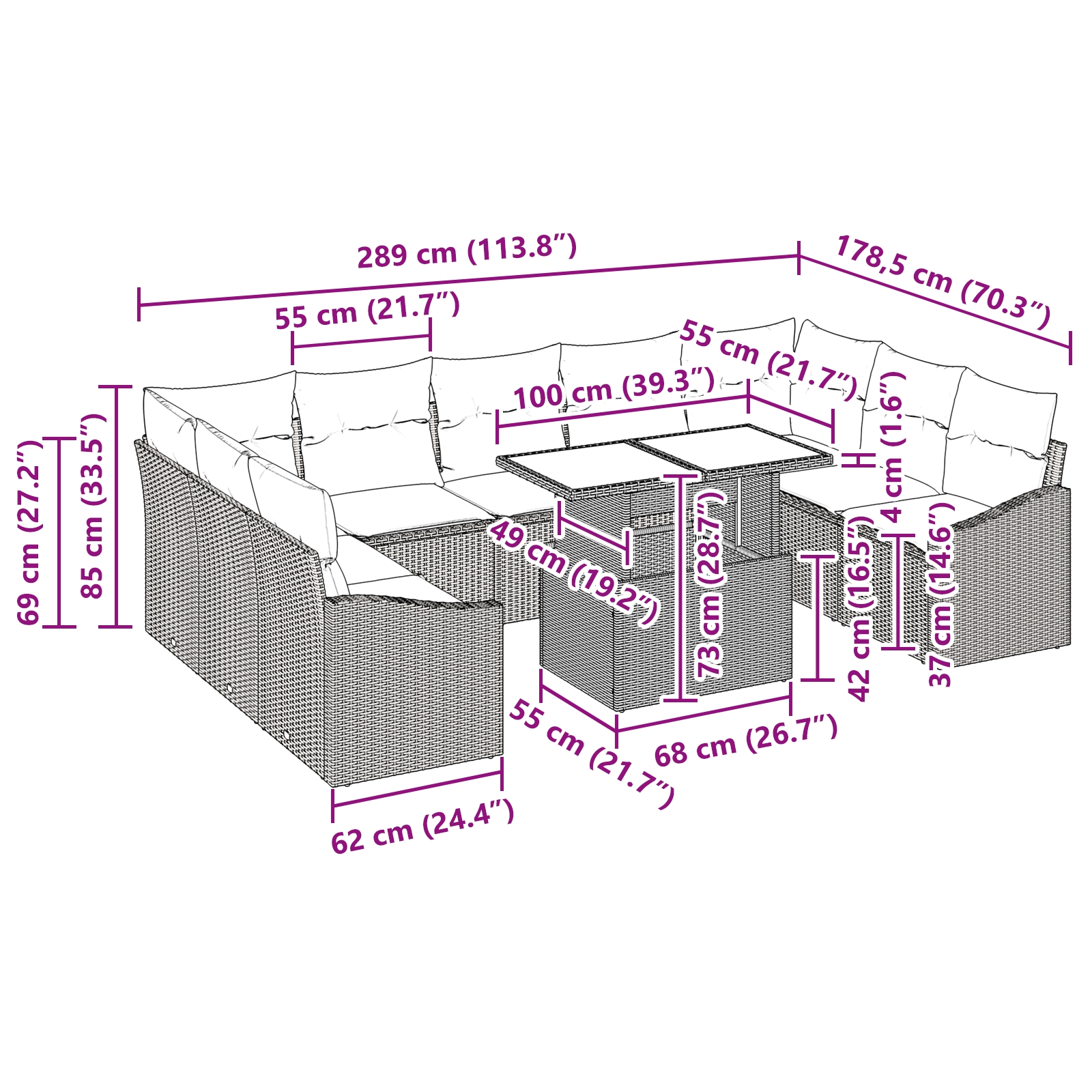 3349065 11 Set de canapele pentru grădină 10 pcs Gri 100 x 55 x 73 cm Set de canapele pentru grădină 10 pcs Gri 100 x 55 x 73 cm - imagine 11