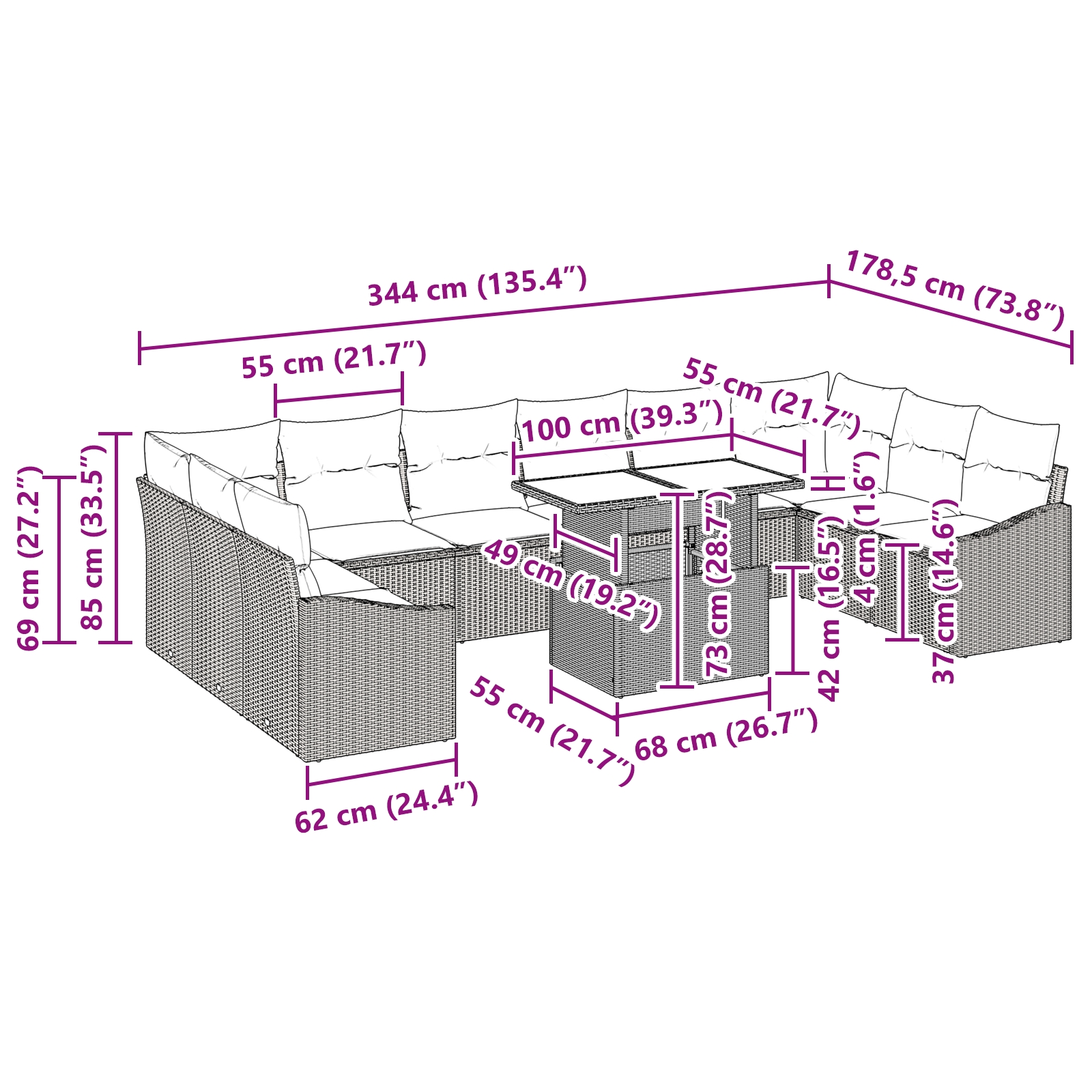 3349078 11 Set de canapele pentru grădină cu pernă 11 pcs Gri deschis Set de canapele pentru grădină cu pernă 11 pcs Gri deschis - imagine 11
