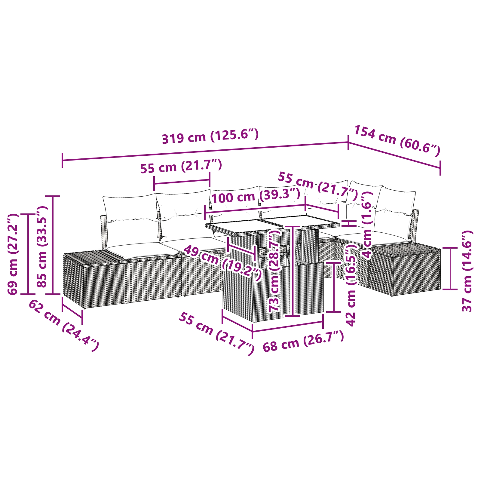 3349199 11 Set de canapele pentru grădină 7 pcs Negru 100 x 55 x 73 cm Set de canapele pentru grădină 7 pcs Negru 100 x 55 x 73 cm - imagine 11