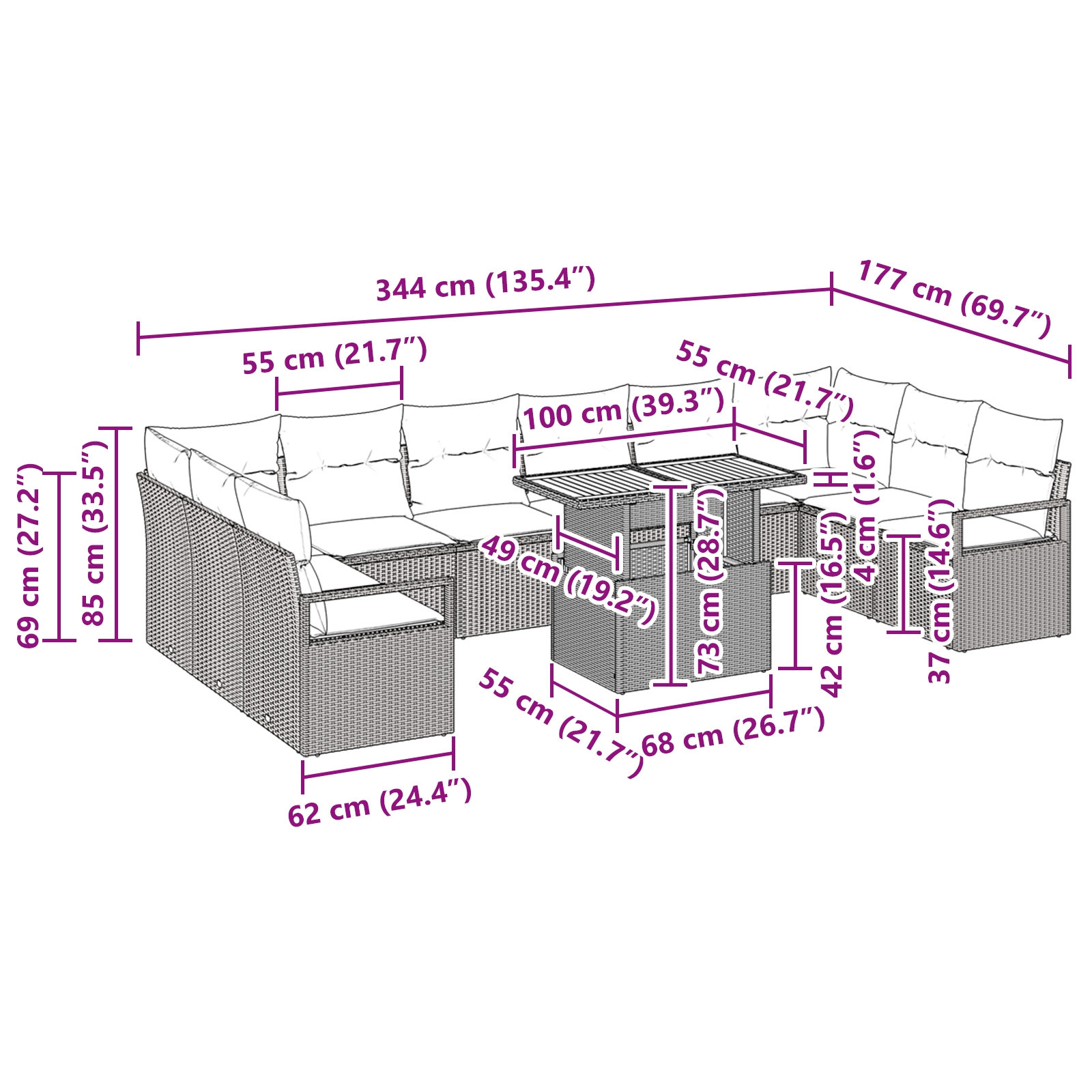 3349760 11 Set de canapele pentru grădină cu pernă 11 pcs Negru și Crem Set de canapele pentru grădină cu pernă 11 pcs Negru și Crem - imagine 11