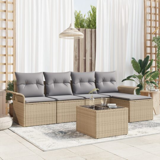 Set de canapele pentru grădină cu pernă 6 pcs Bej Rattan poli