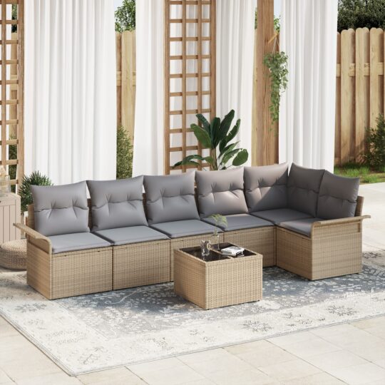 Set de canapele pentru grădină cu pernă 7 pcs Bej Rattan poli