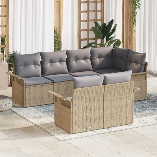Set de canapele pentru grădină cu pernă 7 pcs Bej Rattan poli