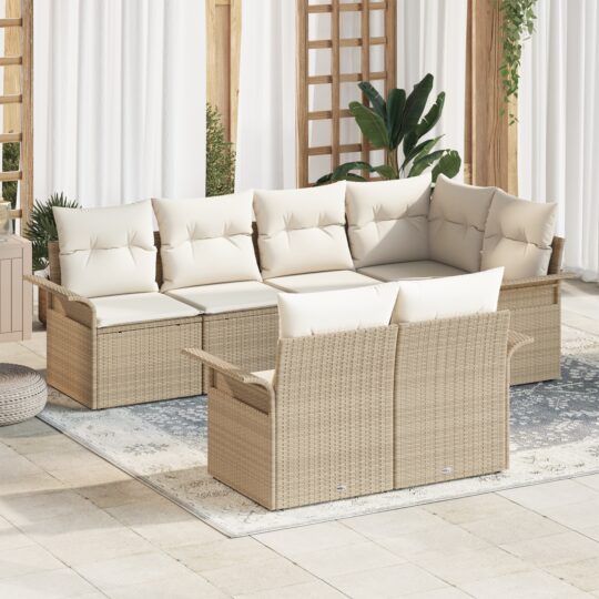 Set de canapele pentru grădină cu pernă 7 pcs Bej Rattan poli