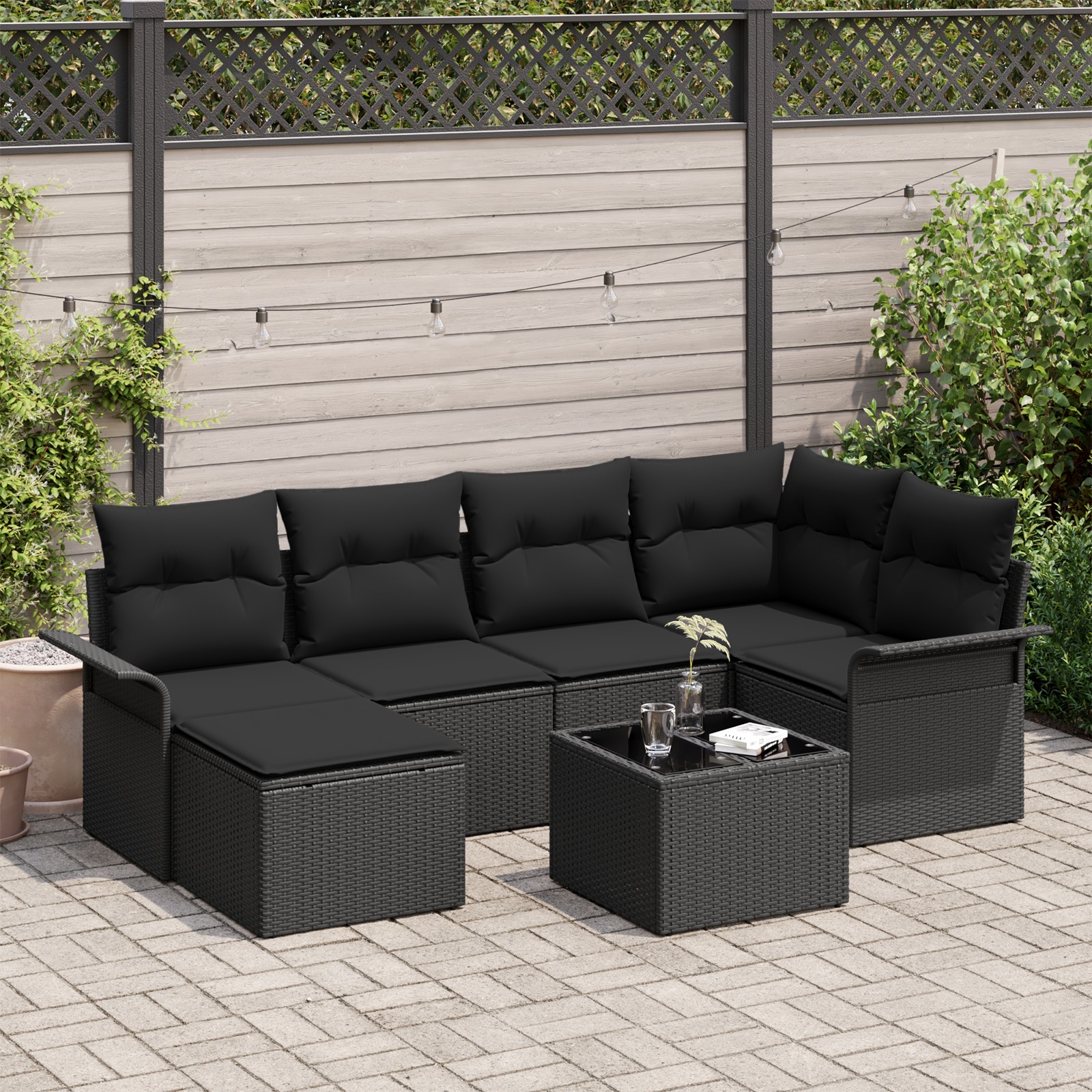 3354112 1 Set de canapele pentru grădină cu pernă 7 pcs Negru Rattan poli Set de canapele pentru grădină cu pernă 7 pcs Negru Rattan poli