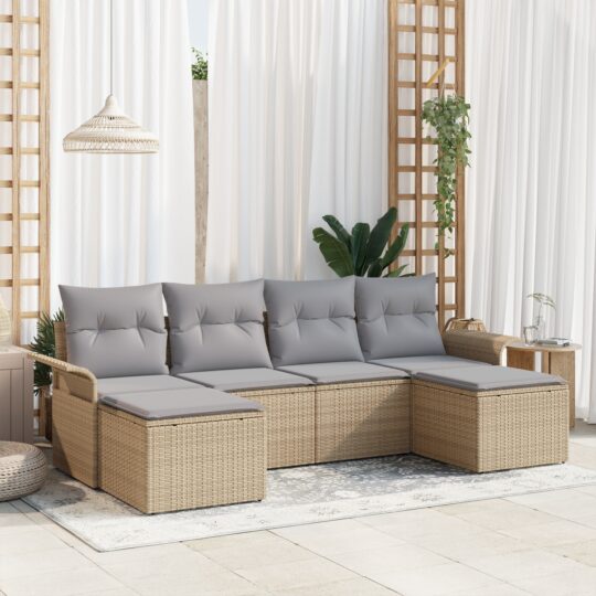 Set de canapele pentru grădină cu pernă 6 pcs Bej Rattan poli
