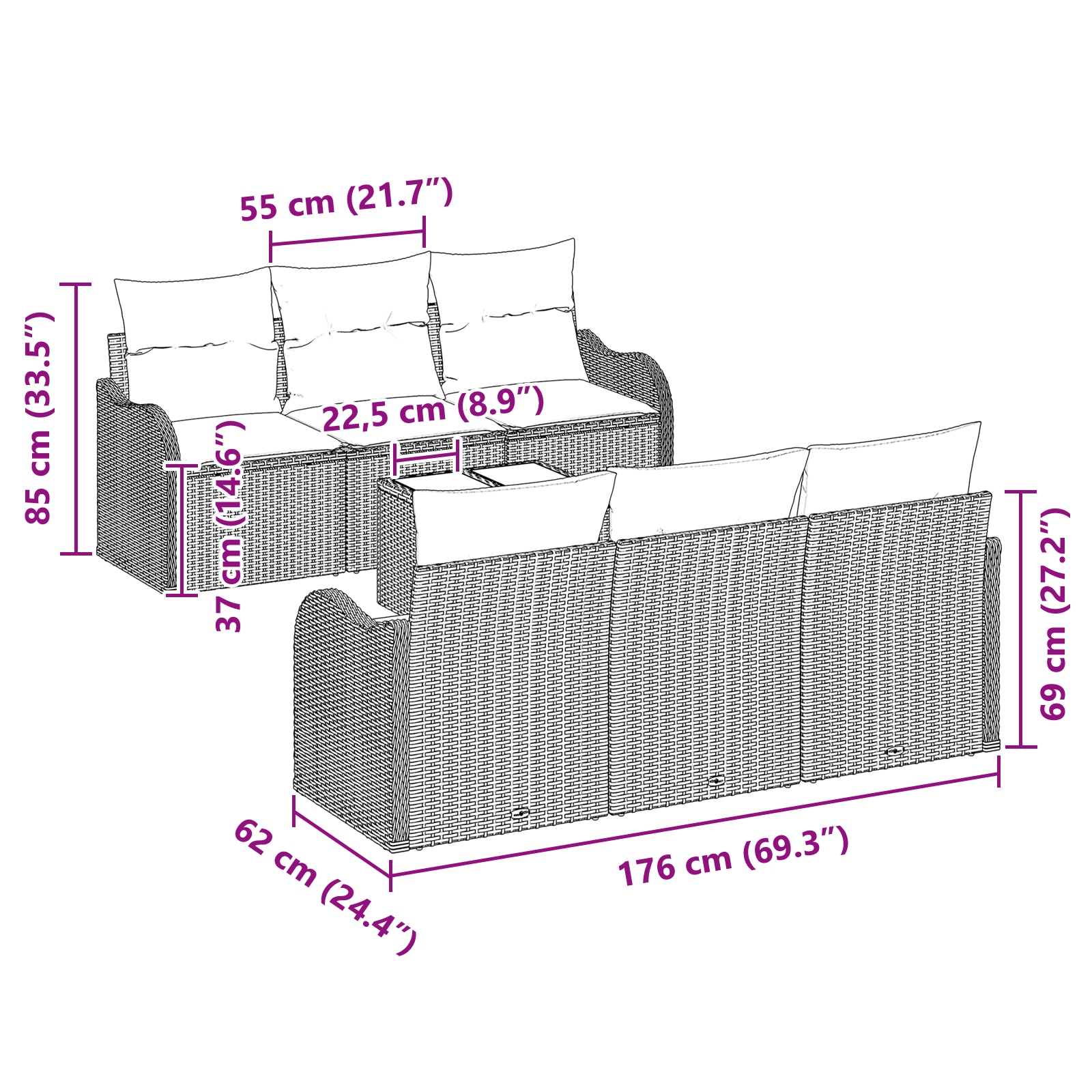3354262 11 Set de canapele pentru grădină 7 pcs Negru 55 x 55 x 37 cm Set de canapele pentru grădină 7 pcs Negru 55 x 55 x 37 cm - imagine 11