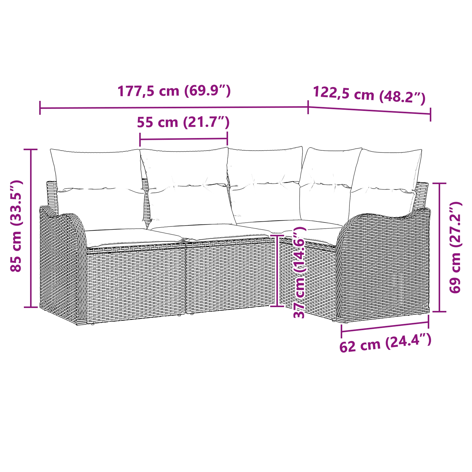 3354351 12 Set de canapele pentru grădină 4 pcs Gri deschis Rattan poli Set de canapele pentru grădină 4 pcs Gri deschis Rattan poli - imagine 12