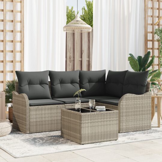 Set de canapele pentru grădină cu pernă 5 pcs Gri Rattan poli