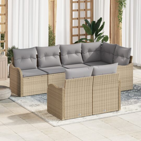 Set de canapele pentru grădină cu pernă 7 pcs Bej Rattan poli