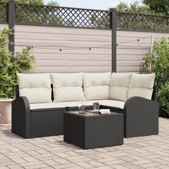 Set de canapele pentru grădină 5 pcs Negru și alb Rattan poli