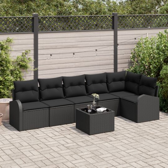 Set de canapele pentru grădină cu pernă 7 pcs Negru Rattan poli