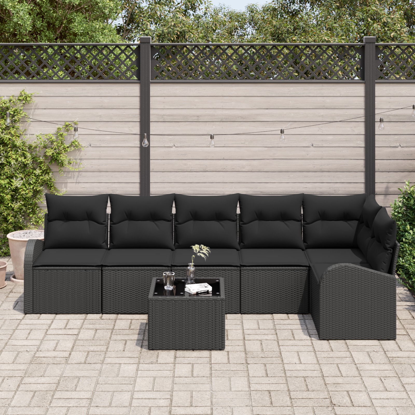 3354742 3 Set de canapele pentru grădină cu pernă 7 pcs Negru Rattan poli Set de canapele pentru grădină cu pernă 7 pcs Negru Rattan poli - imagine 3
