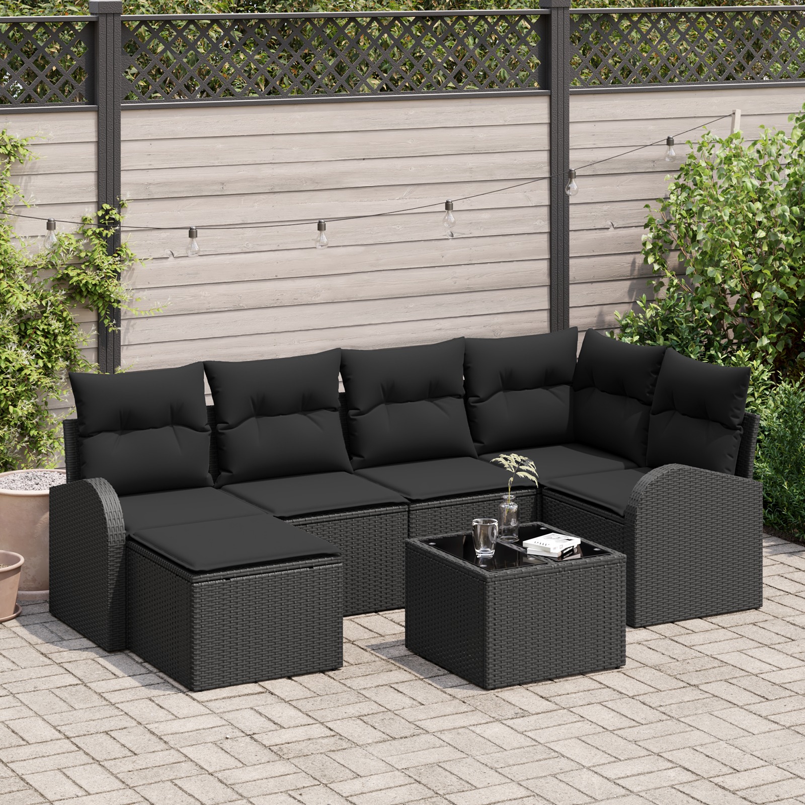 3354792 1 Set de canapele pentru grădină cu pernă 7 pcs Negru Rattan poli Set de canapele pentru grădină cu pernă 7 pcs Negru Rattan poli